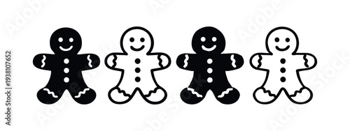 Adorable gingerbread man cookie illustrations in solid and outline variants, festive treats