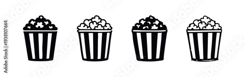 Popcorn buckets in various graphic styles, cinema and snack icons for entertainment
