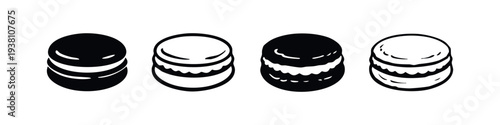 Hand-drawn doodle macaron icon set. French dessert cookies vector in black and white silhouette and outline styles.
