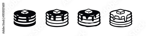 Stacked Pancakes with Syrup and Butter Icon Set in Black and White Doodle Style