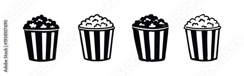 Hand-drawn style popcorn buckets, classic movie snack illustrations in solid and outline