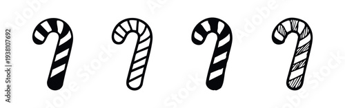 Hand-drawn doodle candy cane icon set. Christmas sweet treats vector in black and white silhouette and outline styles.
