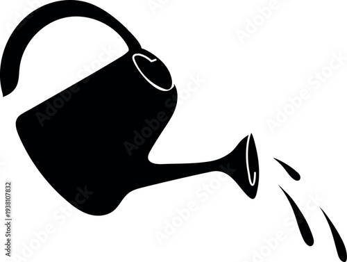 Black silhouette of watering can with pouring water isolated on white background