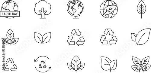 A comprehensive collection of outline icons representing various ecological and environmental concepts including Earth Day, trees, leaves, and recycling symbols, perfect for sustainability themes.