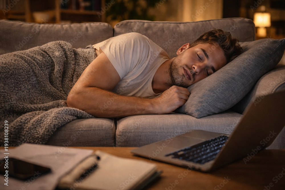 Obraz premium Young man sleeping on sofa at night with laptop on table, work life balance concept.