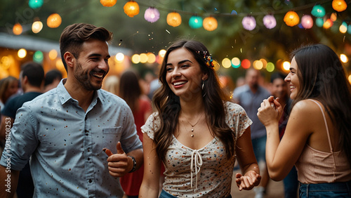 Friends celebrate outdoor evening with lights and laughter at gathering event Generative AI