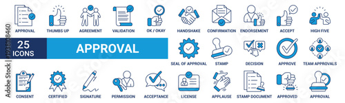 Approval icon set. Containing accept, certified, thumps up, agreement, approve, validation, seal approved, confirmation and decision icons. Blue icon set. Vector illustration.