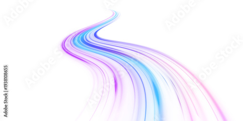 Glowing neon laser motion purple and blue lines sweep along city road, highway traffic. Blue light trail generates speed, motion, energy futuristic wave across the scene. Vector illustration png.