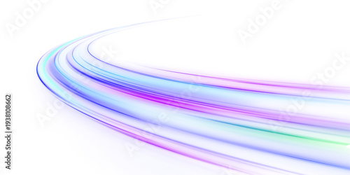 Neon laser motion lines ripple along city road, highway traffic. Blue, purple light trail forms futuristic energy, guiding speed and motion in a smooth flowing wave. Vector png Illustration.