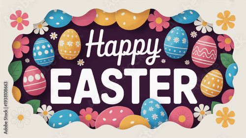 Colorful easter eggs and flowers celebrate happy easter on purple background with white text
