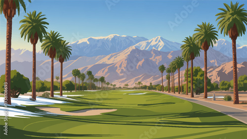 Golf course with sand traps palm trees and mountain range in background sunny day