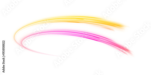 Glowing neon laser color speed lines curve across city road and highway. Light wave forms motion and futuristic energy trail, shaping traffic flow with radiant direction. Vector Illustration png. 