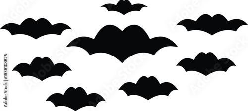 Black bats flying in the sky, Halloween theme, spooky atmosphere, vector illustration.