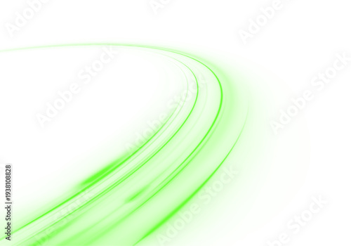 Neon laser green lines streak along city road, highway traffic. Light motion forms futuristic energy trail speed flows, glowing wave. Eco greenery protects ecology. Vector png Illustration. 