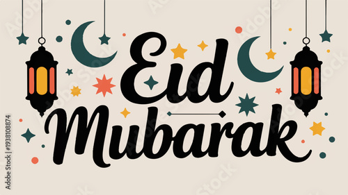 Eid mubarak celebration background with lanterns and crescent moons in starry night sky