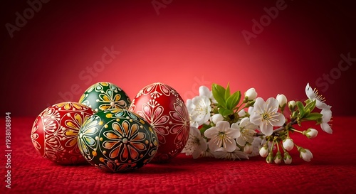 Wallpaper Mural Decorative Easter eggs with a sprig of white blossoms on a red textured background Torontodigital.ca
