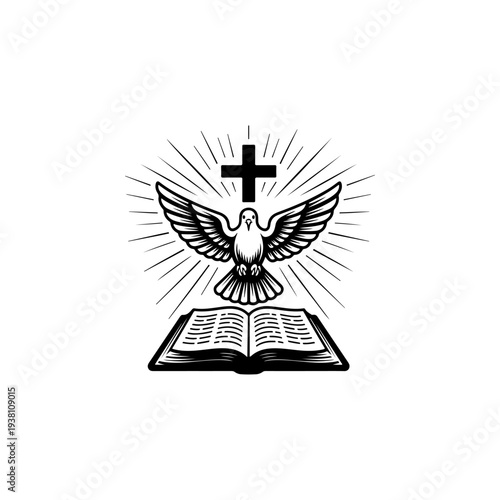 A black and white vector illustration of an open Bible with a soaring dove, a cross, and radiant light rays. A spiritual emblem for religious logos and signs.