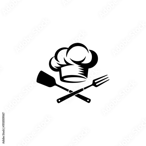 A black and white vector icon featuring a chef's hat above a crossed spatula and grill fork. A professional culinary emblem for restaurant logos, labels, and signs.