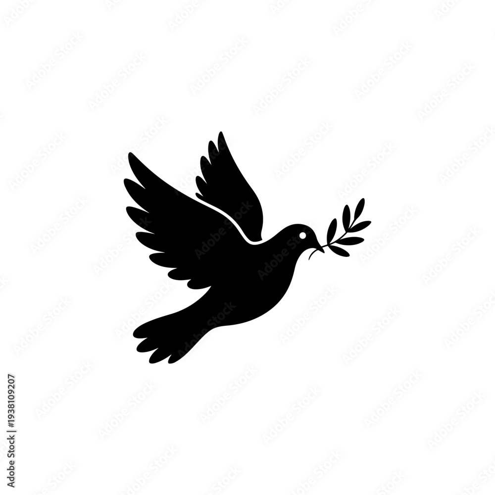 Fototapeta premium A black and white vector icon of a flying dove holding an olive branch. This minimalist bird silhouette represents peace and is ideal for logos, signs, and branding.