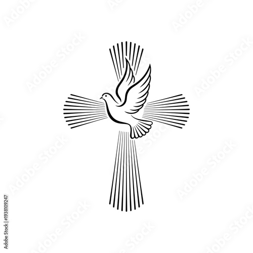 A black and white vector illustration of a peaceful dove flying in front of a Christian cross with radiant light rays. A spiritual emblem for logos and religious signs