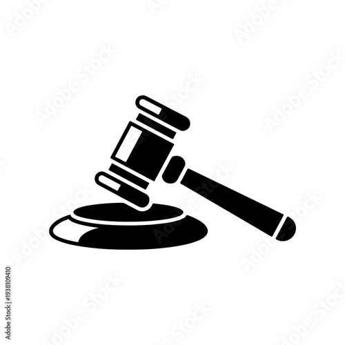 A black and white vector icon of a judge's gavel and sound block. This minimalist legal silhouette is perfect for law firm logos, auction labels, and justice branding.