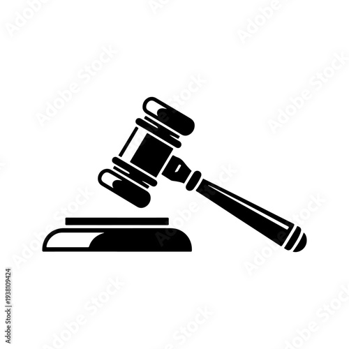 A black and white vector icon of a judge's gavel and sound block. This minimalist legal silhouette is perfect for law firm logos, auction labels, and justice branding.