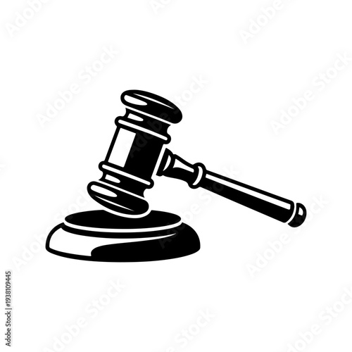 A black and white vector icon of a judge's gavel and sound block. This minimalist legal silhouette is perfect for law firm logos, auction labels, and justice branding.