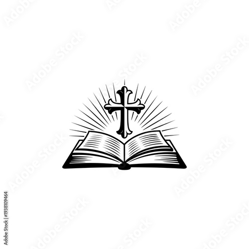 A black and white vector illustration of an open Bible with an ornate Christian cross and radiant light rays. A spiritual emblem for religious logos, signs, and branding.