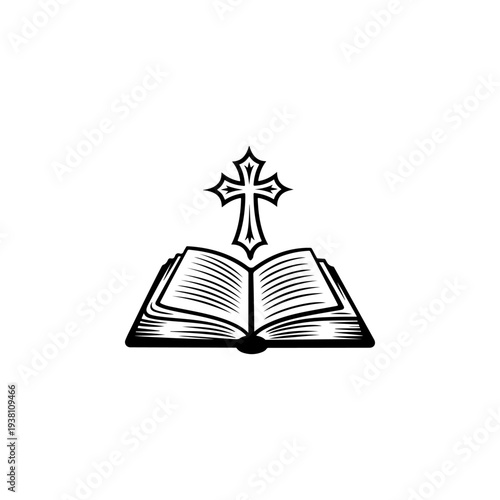 A black and white vector illustration of an open Bible with an ornate Christian cross and radiant light rays. A spiritual emblem for religious logos, signs, and branding.