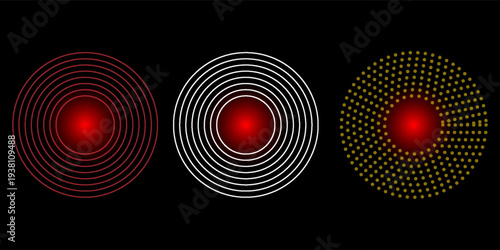 Pain Relief Target Icons: Concentric Red Circles for Healthcare, Radar, and Sound Wave Concepts. Pain red circle or localization mark, aching place sign, abstract symbol of pain