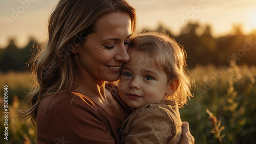 Mother and child sharing a hug in a field during sunset hours Generative AI
