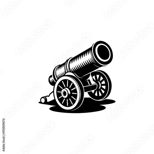 A black and white vector illustration of a vintage heavy cannon on a wheeled carriage. This classic artillery silhouette is ideal for historical logos and museum signs.