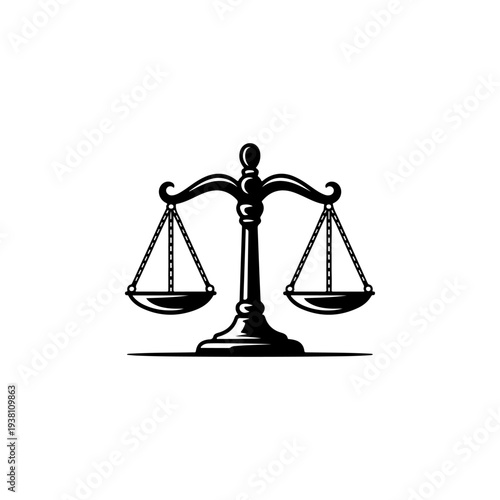 A black and white vector icon of the scales of justice. This classic balanced scale silhouette is perfect for law firm logos, legal services, and judicial branding.