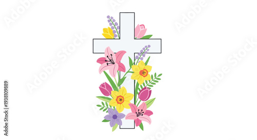 Beautiful Christian cross adorned with vibrant spring flowers, symbolizing Easter, resurrection, and the joyful renewal of life and faith.