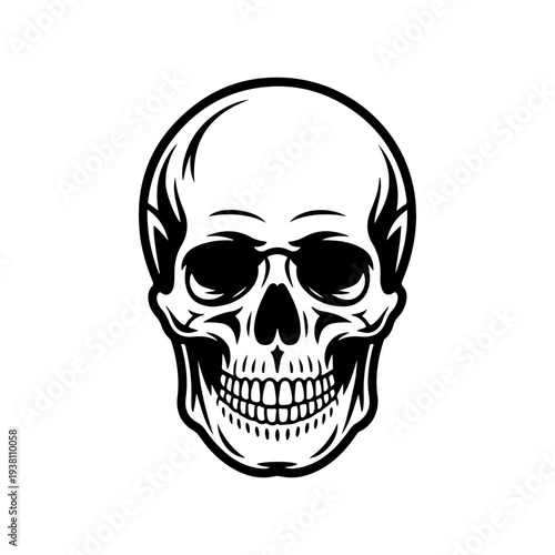 A black and white vector illustration of a human skull. This detailed anatomical silhouette features high contrast and clean lines, perfect for edgy logos and branding.