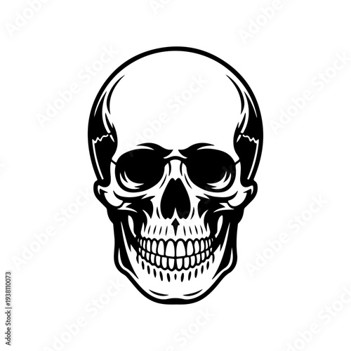 A black and white vector illustration of a human skull. This detailed anatomical silhouette features high contrast and clean lines, perfect for edgy logos and branding.