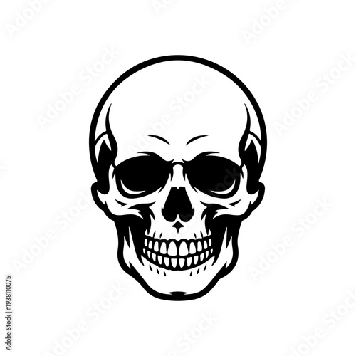 A black and white vector illustration of a human skull. This detailed anatomical silhouette features high contrast and clean lines, perfect for edgy logos and branding.