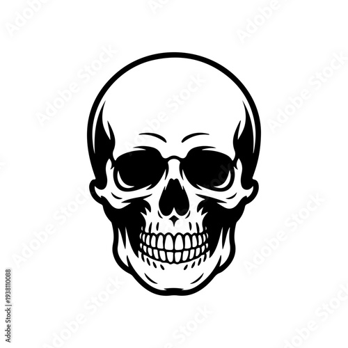 A black and white vector illustration of a human skull. This detailed anatomical silhouette features high contrast and clean lines, perfect for edgy logos and branding.