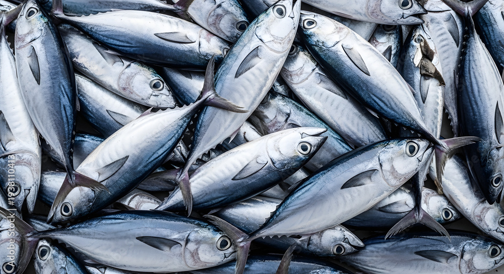 Obraz premium Abundant fresh catch of silvery fish, neatly arranged in a pile, ready for market or culinary preparation, showcasing the bounty of the ocean
