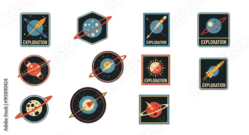 Collection of Retro Space Mission Patches with Planets and Rockets.