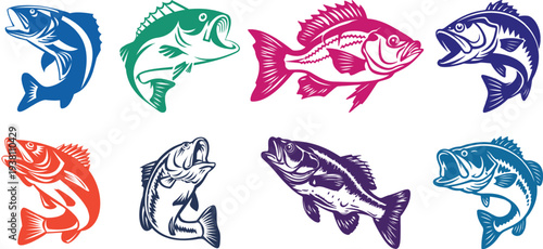 Vibrant multicolored fish icons in various colors including blue green pink purple and orange