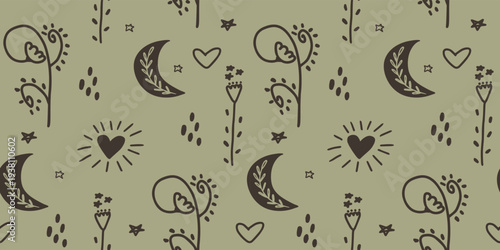 Botanical Folk Art Seamless Pattern with Magic Flowers Moon and Stars on Olive Green Background
