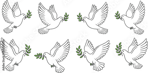 White Dove of Peace Flying with Green Olive Branch Set, Vector Illustration of Birds in Various Poses for Hope, Purity, Spirit