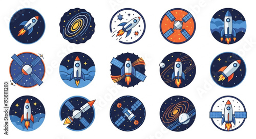 Collection of cartoon rocket ships and space elements.
