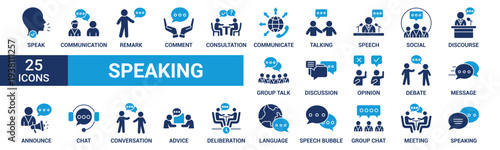 Speaking icon set. Communication icons collection. Containing discussion, speech bubble, talking, consultation and conversation. Solid icon set. Vector illustration.