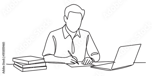 Man working on laptop with books, businessman using computer, office worker writing notes