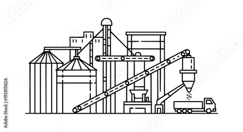 Minimalist grain silo loading vector illustration line art for agriculture and industry