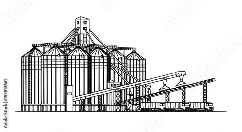 Grain silo loading vector illustration line art for agriculture and industrial design