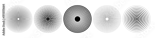 Linear set of radar icons, sonar waves, concentric radial signal circles, echo sounder symbols. Vector black and white illustration on a transparent background for interfaces and infographics