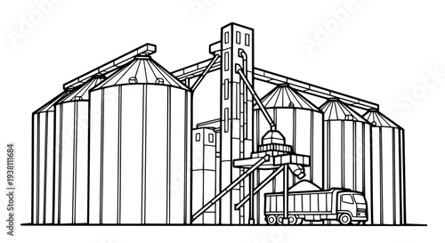 Hand-drawn grain and cereal silos loading vector illustration for industrial and educational use